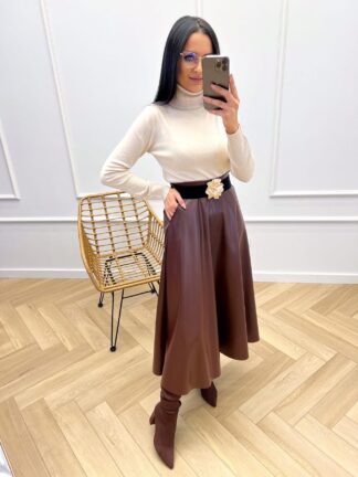 Spódnica ekoskóra z paskiem Lamiar brązowa