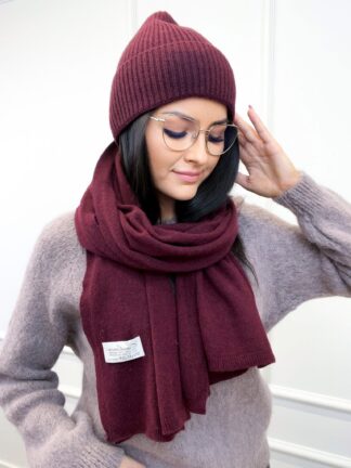 Komplet wełniany z kaszmirem czapka + szal bordo