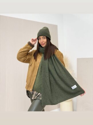 Komplet wełniany z kaszmirem czapka + szal khaki