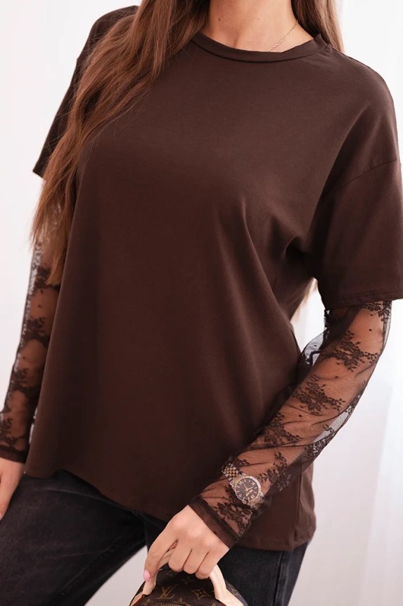 T-shirt z koronką Lace Chic czekolada