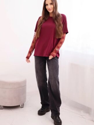 T-shirt z koronką Lace Chic bordowy