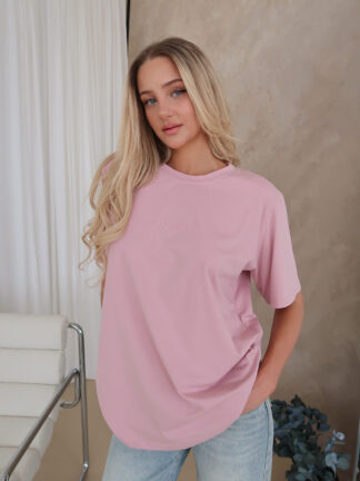 Damski T-shirt z haftem - brudny róż