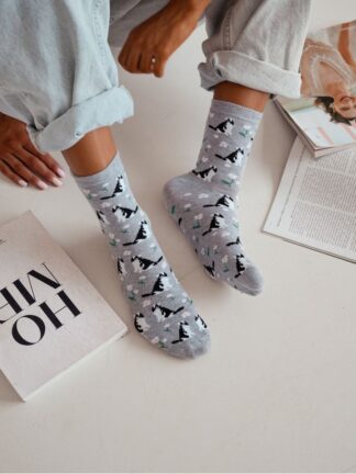 Skarpetki damskie szare Kotki i Kwiatki