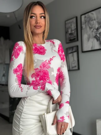 Bluzka MARINA różowe kwiaty na białym tle