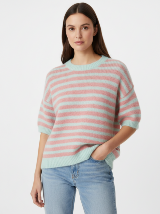 Pasiasty sweter TINA z krótkim rękawem - błękit