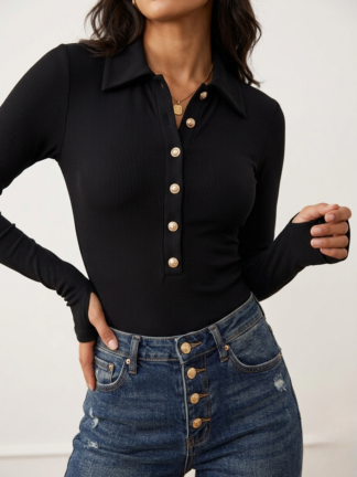 Body koszulowe z długim rękawem czarne