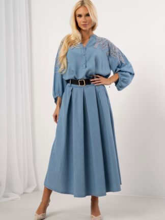 Spódnica maxi z plisami i ozdobnym paskiem - jeans