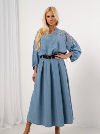 Spódnica maxi z plisami i ozdobnym paskiem - jeans