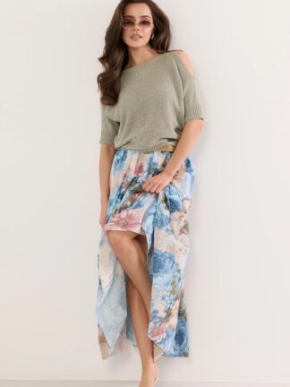 Długa spódnica w kwiaty z plecionym paskiem