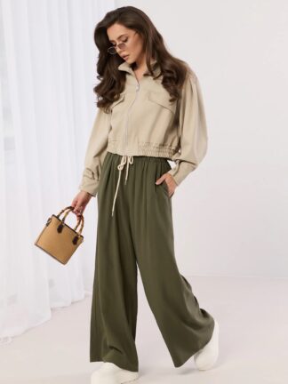 Szerokie spodnie palazzo z ozdobnym sznurkiem khaki