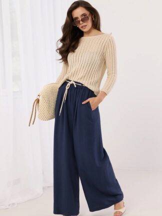 Szerokie spodnie palazzo z ozdobnym sznurkiem granatowe