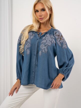 Koszula jeansowa z haftowaną gipiurą i bufiastymi rękawami - ciemny jeans